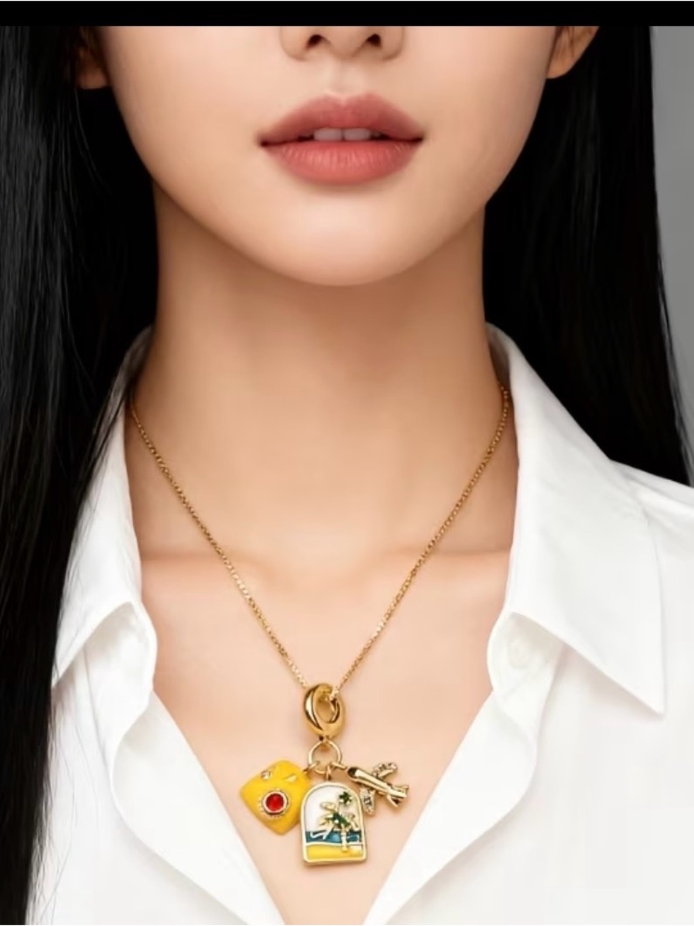 Gold Palm Tree & Charm Pendant Necklace - Women Jewelry
